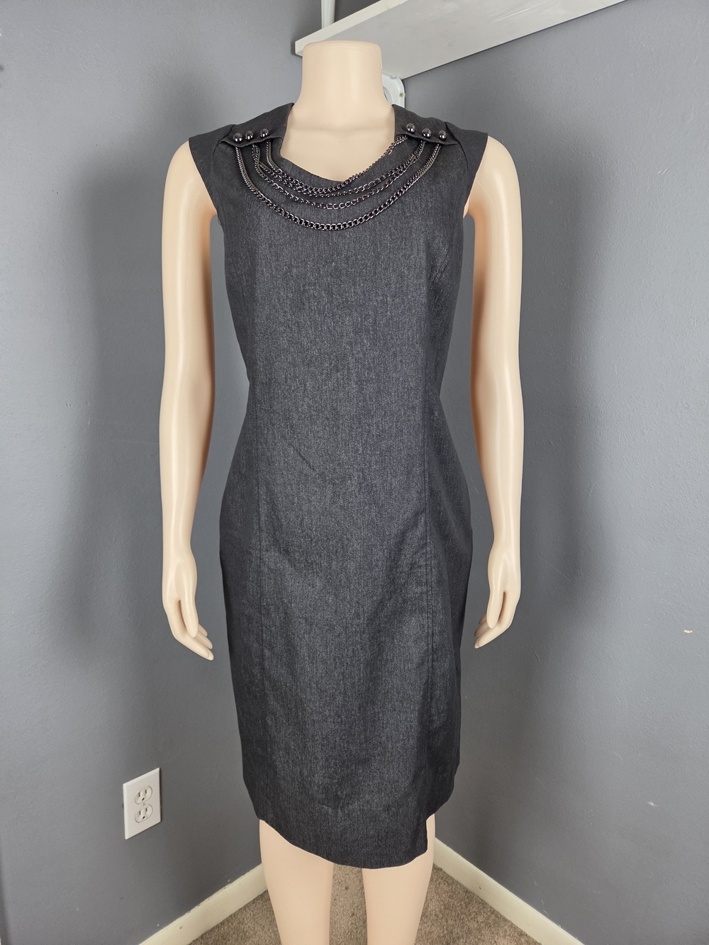 Sandra Darren Sleeveless Midi Dress with Chain Trim in Charcoal